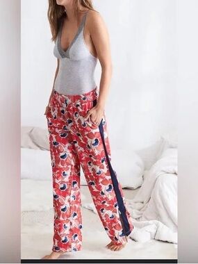 Women's‎ Red Floral Track Pants with Navy Side Stripe